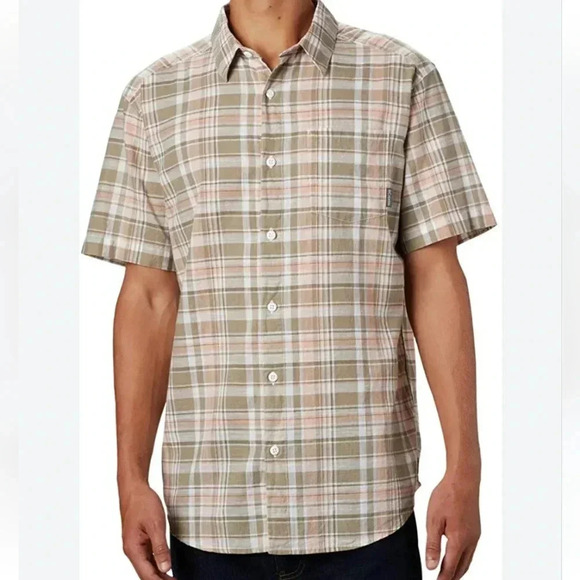 Columbia Mens Short Sleeve XL Striped Shirt Button Up Green and Orange RN 69724 - Picture 1 of 10